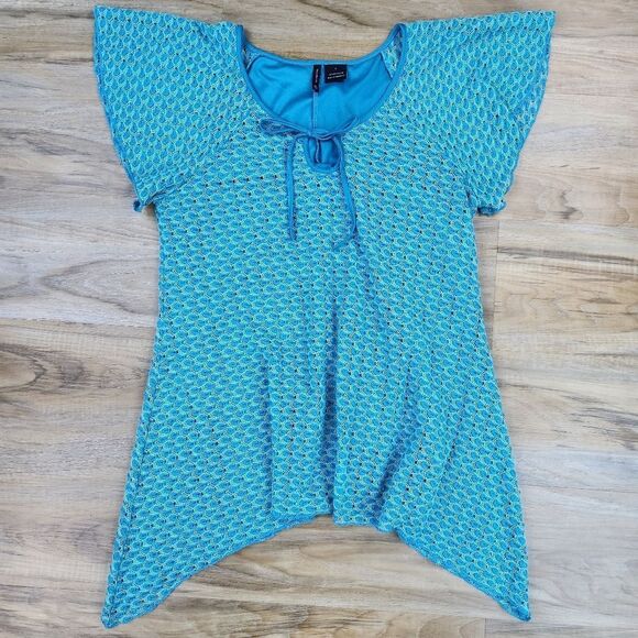 🔹️New Directions Turquoise Knit Peacock Asymmetric Hem Top Large - Picture 1 of 10